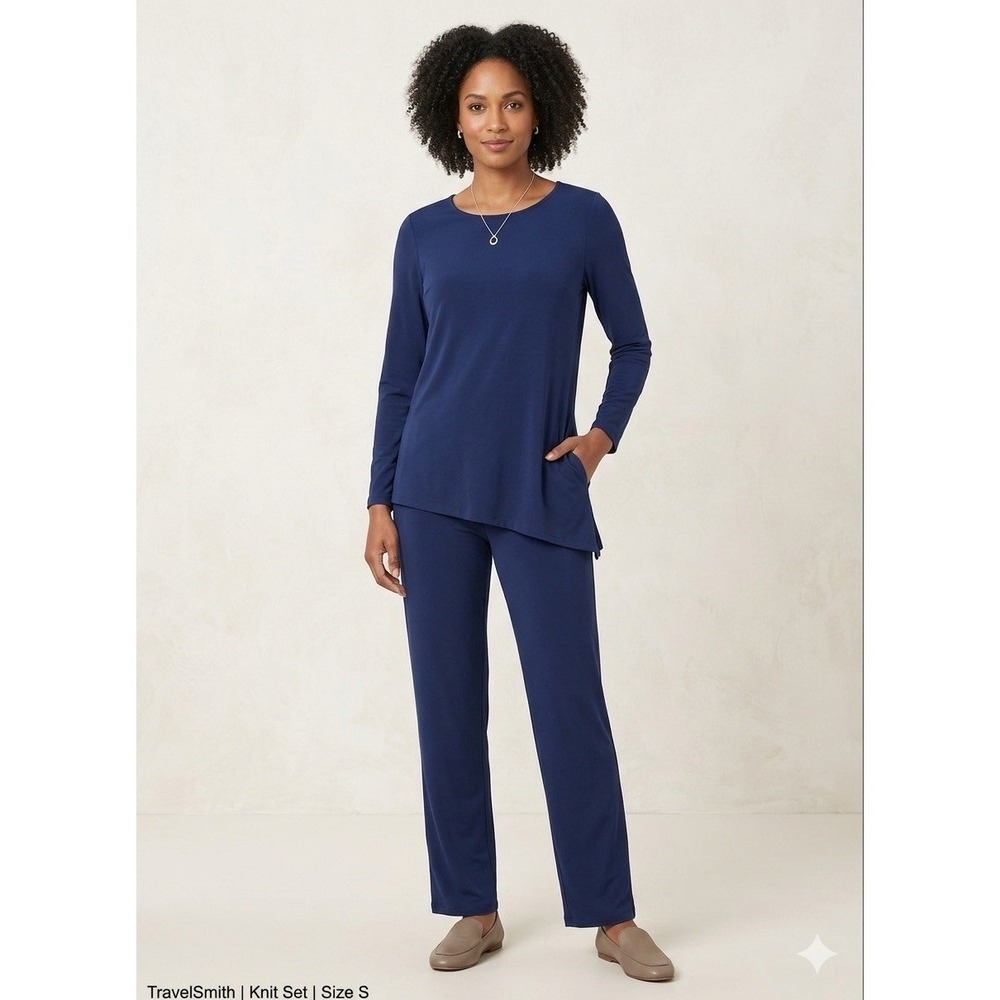 ⁠TravelSmith Navy Blue Knit Pant Set S Asymmetric Long Sleeve Top Relaxed Lounge